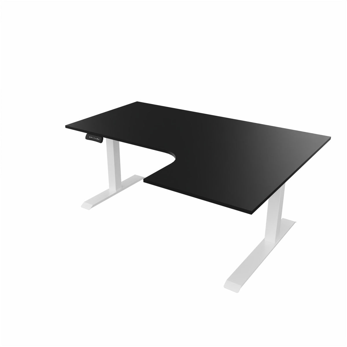 revilo r807 radial sit stand desk with black desktop and white frame, right-handed