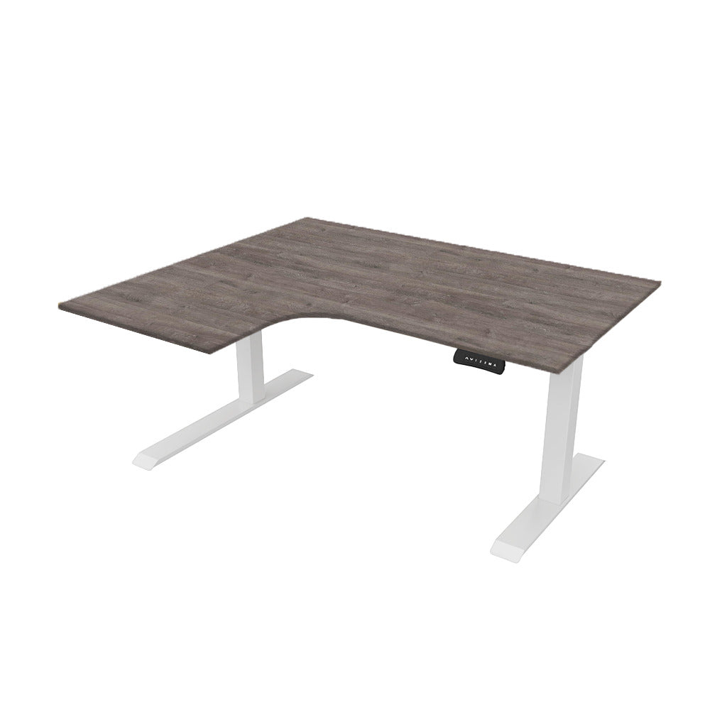 revilo r807 radial sit stand desk with grey oak desktop and white frame, left-handed