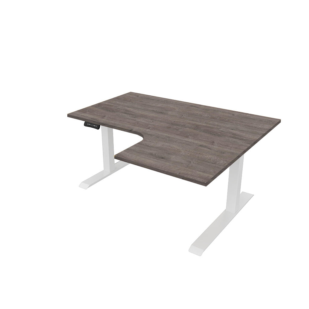 revilo r807 radial sit stand desk with grey oak desktop and white frame, right-handed