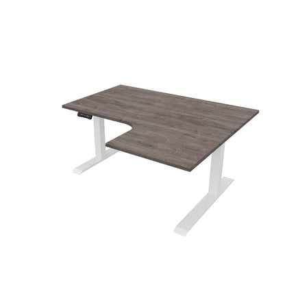 revilo r807 radial sit stand desk with grey oak desktop and white frame, right-handed
