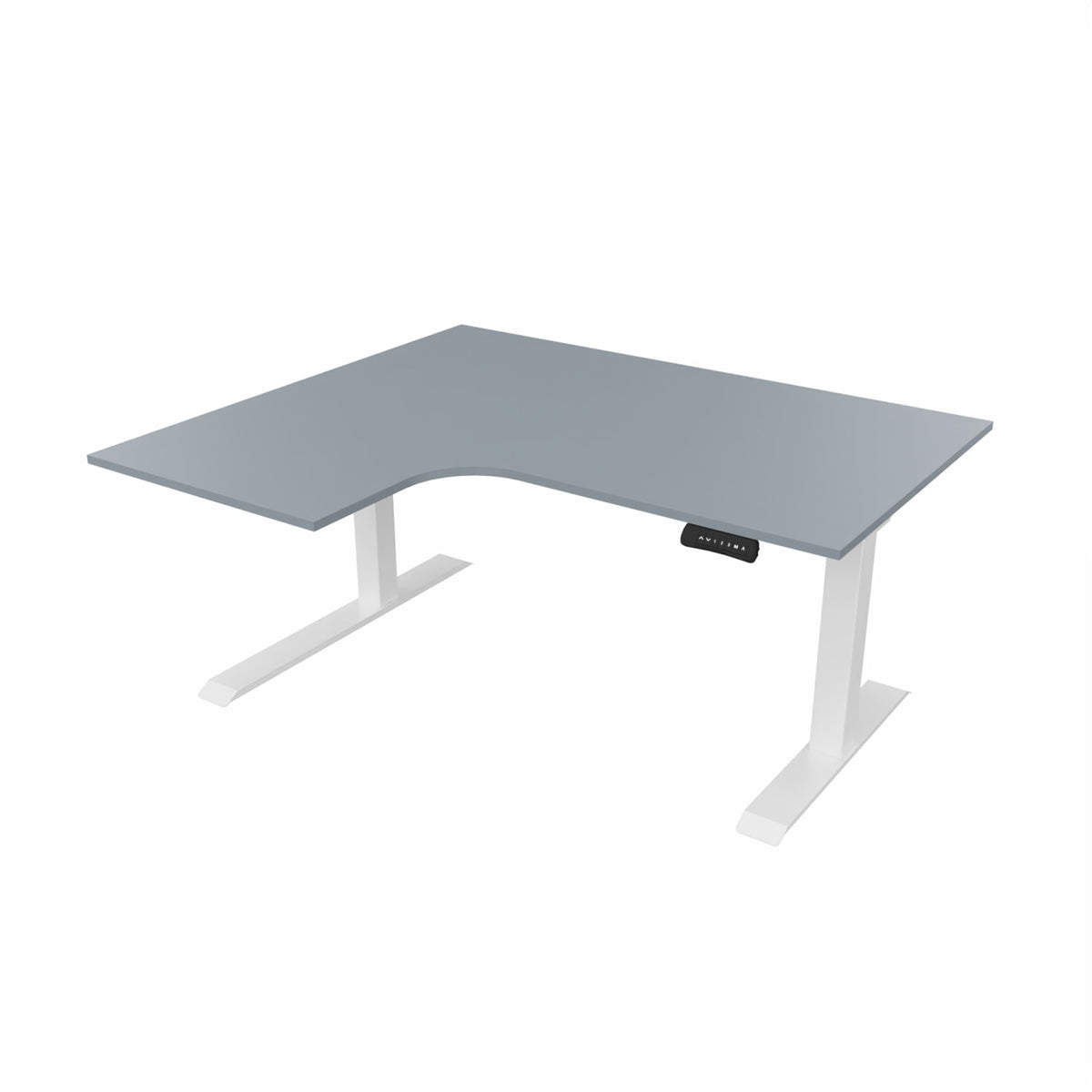 revilo r807 radial sit stand desk with grey desktop and white frame, left-handed