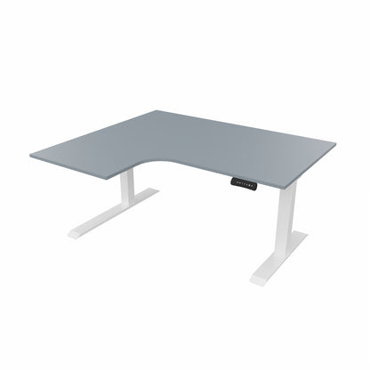 revilo r807 radial sit stand desk with grey desktop and white frame, left-handed