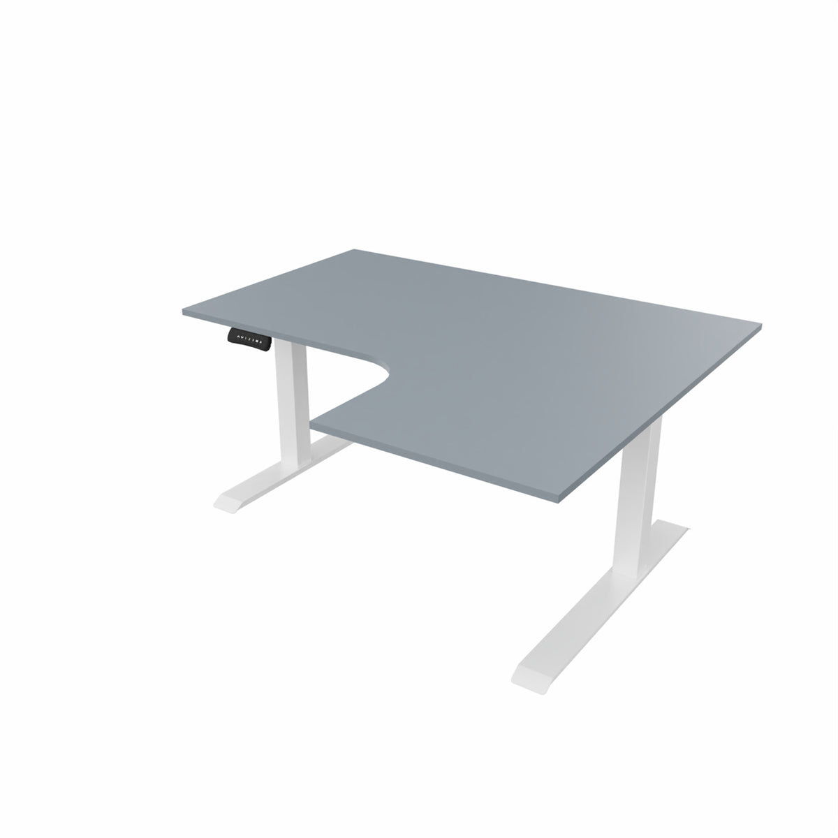 revilo r807 radial sit stand desk with grey desktop and white frame, right-handed