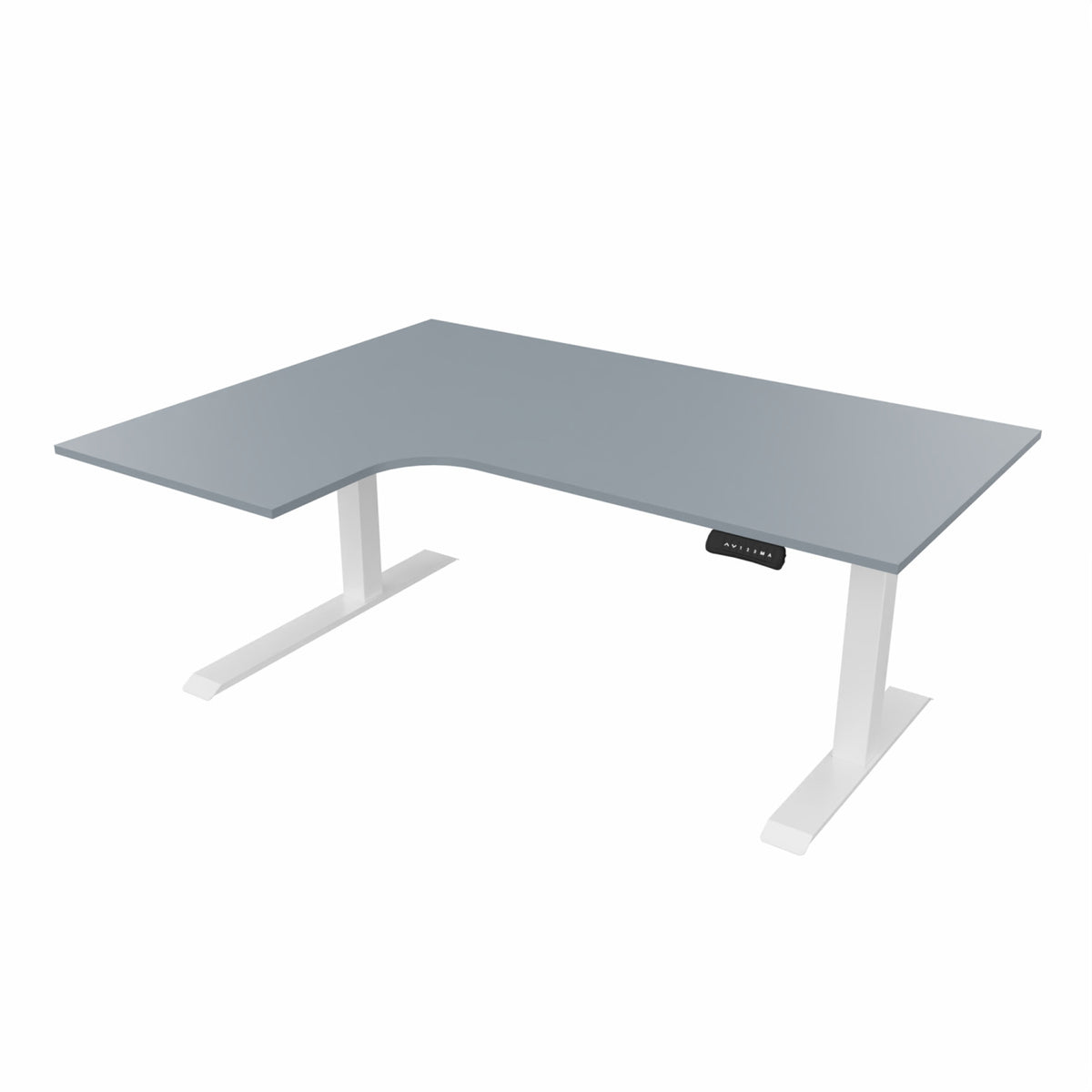 revilo r807 radial sit stand desk with grey desktop and white frame, left-handed