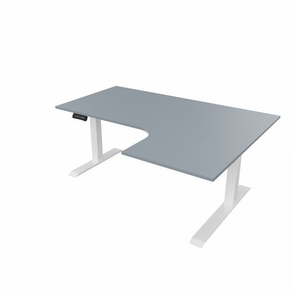 revilo r807 radial sit stand desk with grey desktop and white frame, right-handed