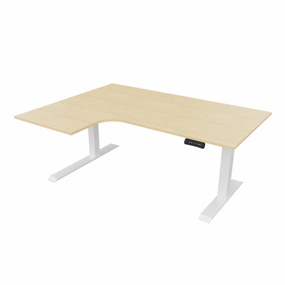 revilo r807 radial sit stand desk with maple desktop and white frame, left-handed
