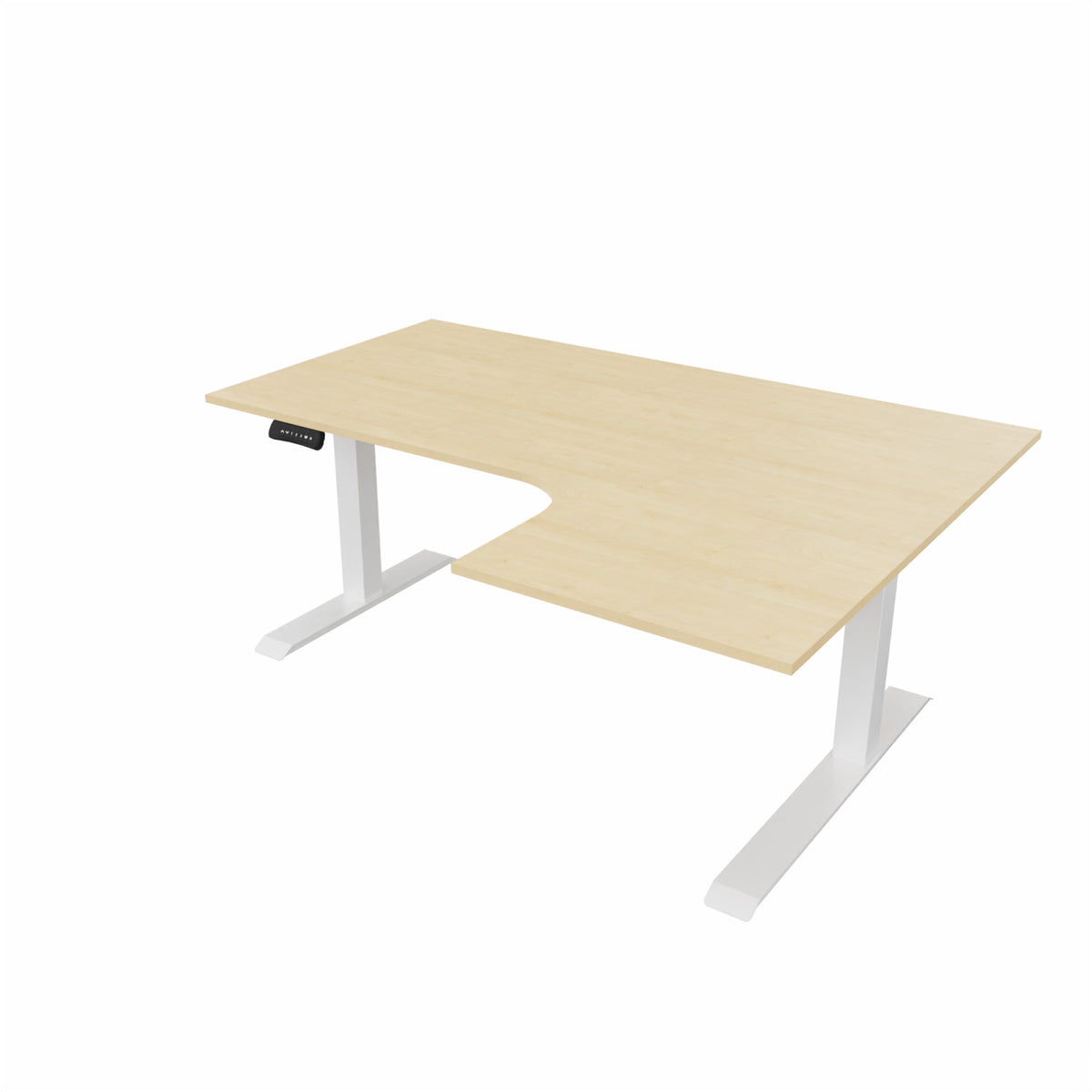 revilo r807 radial sit stand desk with maple desktop and white frame, right-handed