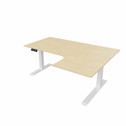 revilo r807 radial sit stand desk with maple desktop and white frame, right-handed