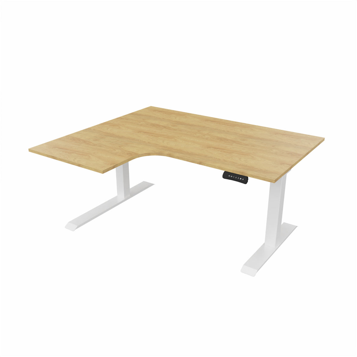 revilo r807 radial sit stand desk with oak desktop and white frame, left-handed