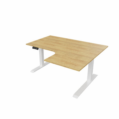 revilo r807 radial sit stand desk with oak desktop and white frame, right-handed