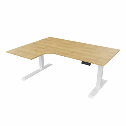revilo r807 radial sit stand desk with oak desktop and white frame, left-handed