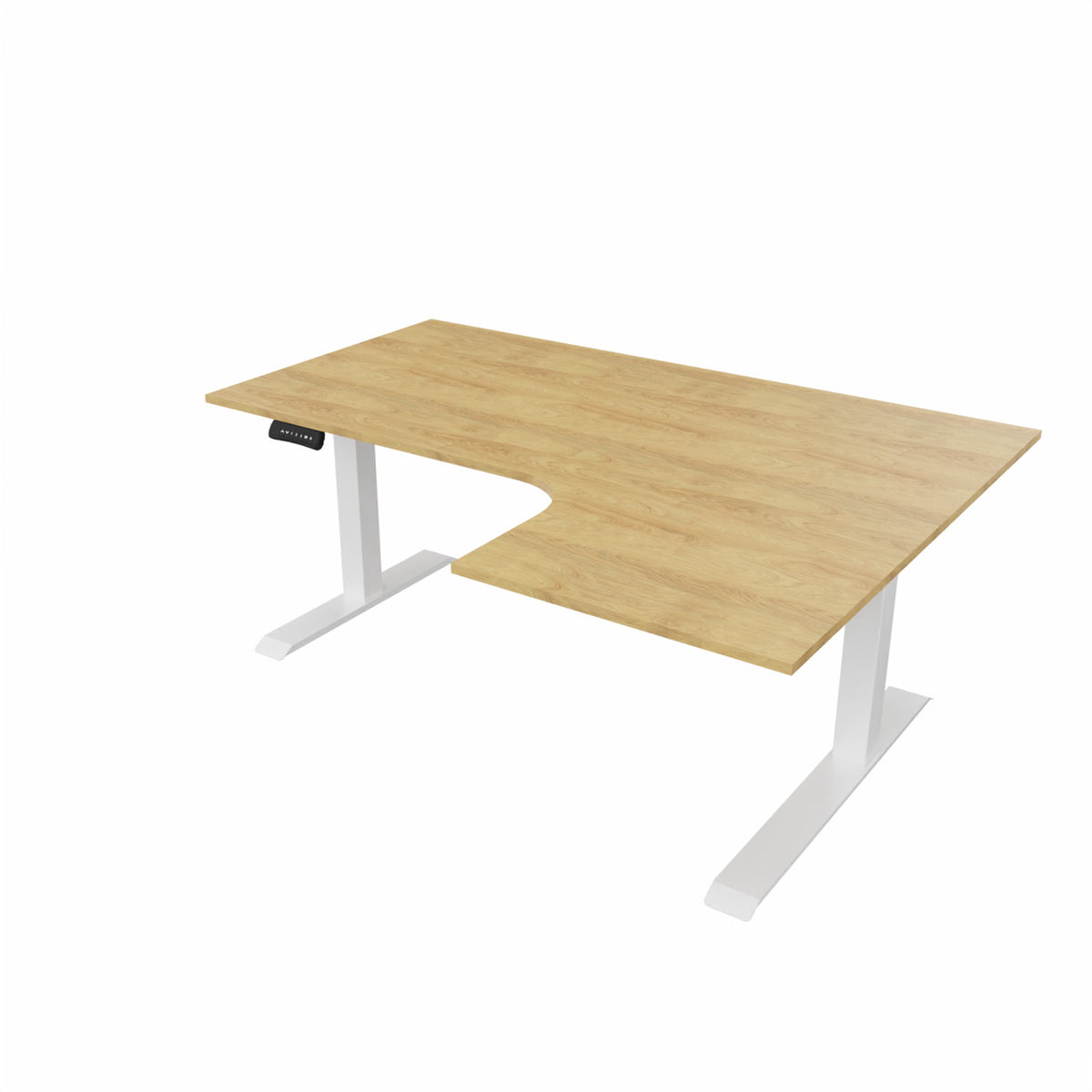 revilo r807 radial sit stand desk with oak desktop and white frame, right-handed