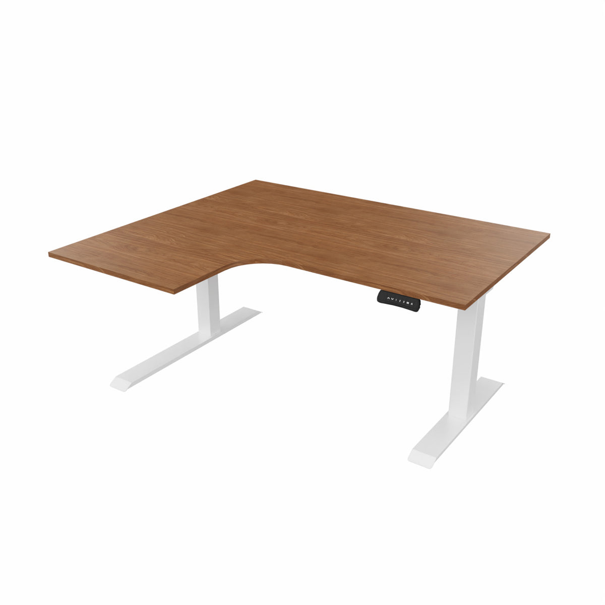 revilo r807 radial sit stand desk with walnut desktop and white frame, left-handed