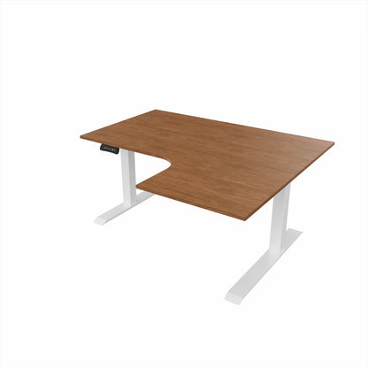 revilo r807 radial sit stand desk with walnut desktop and white frame, right-handed