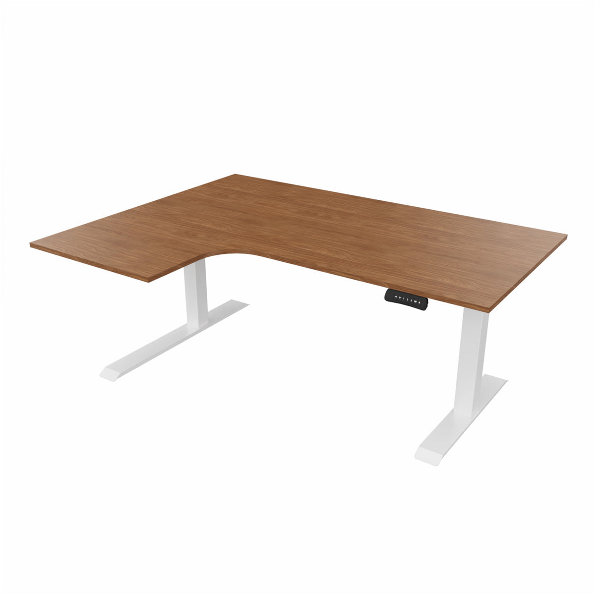 revilo r807 radial sit stand desk with walnut desktop and white frame, left-handed