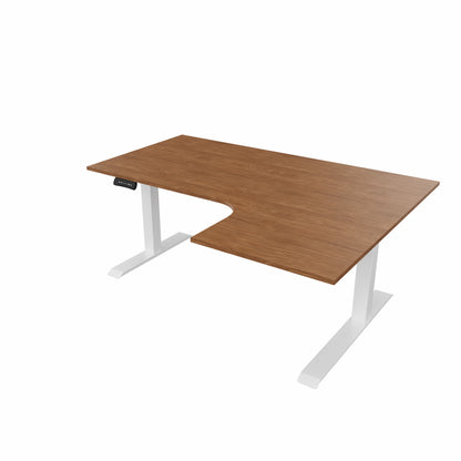 revilo r807 radial sit stand desk with walnut desktop and white frame, right-handed