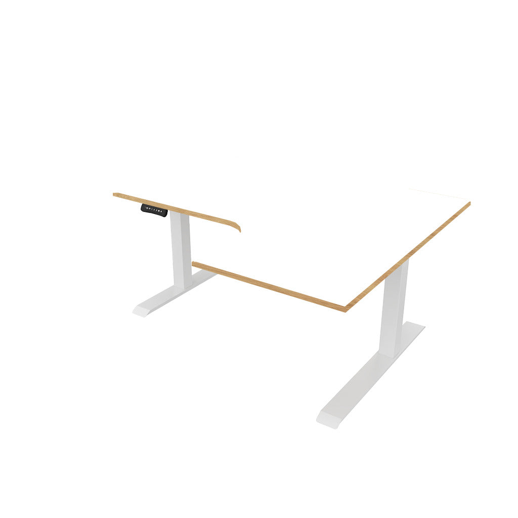 revilo r807 radial sit stand desk with white and oak desktop and white frame, right-handed