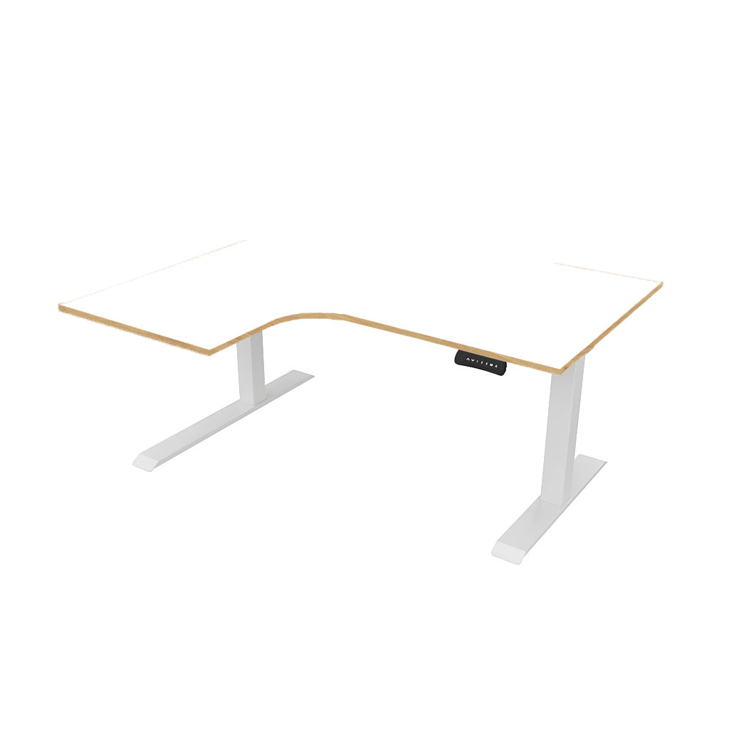 revilo r807 radial sit stand desk with white and oak desktop and white frame, left-handed