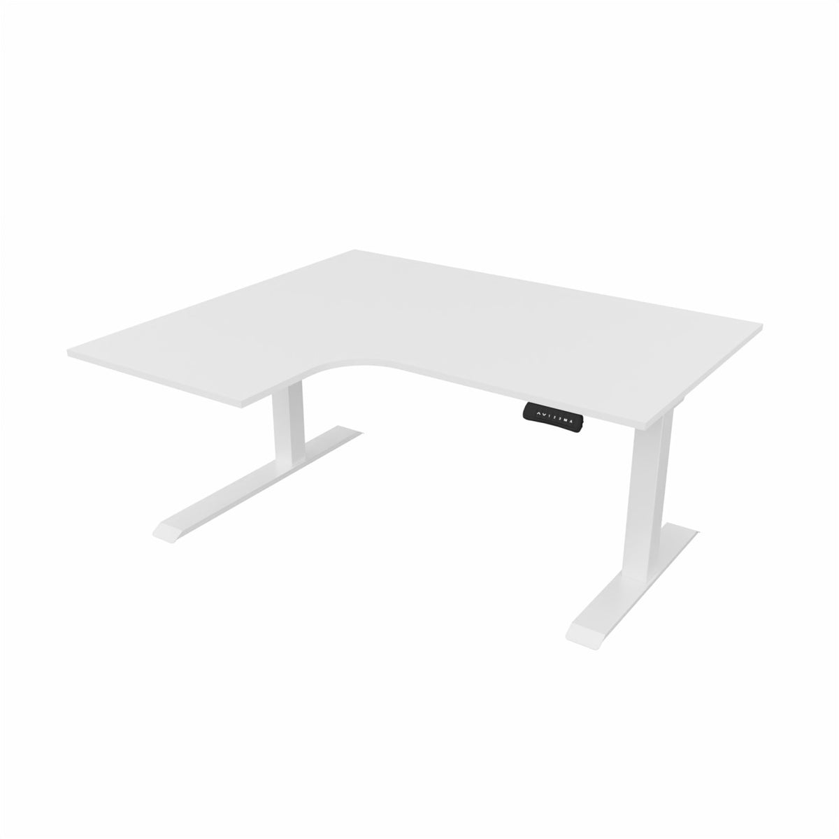 revilo r807 radial sit stand desk with white desktop and white frame, left-handed