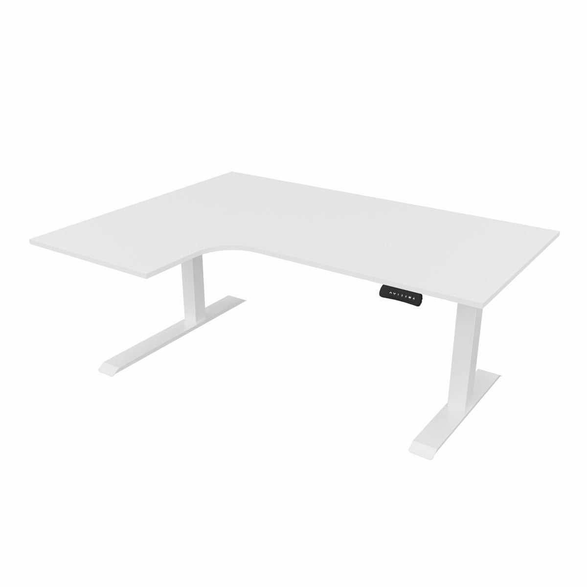 revilo r807 radial sit stand desk with white desktop and white frame, left-handed