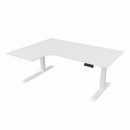 revilo r807 radial sit stand desk with white desktop and white frame, left-handed
