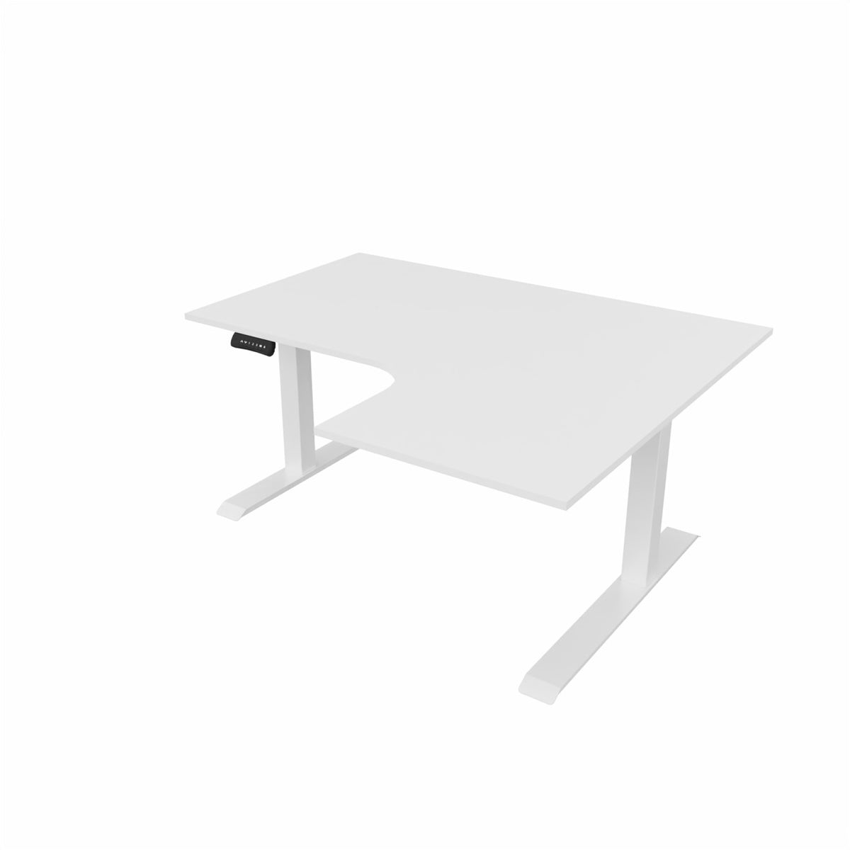 revilo r807 radial sit stand desk with white desktop and white frame, right-handed