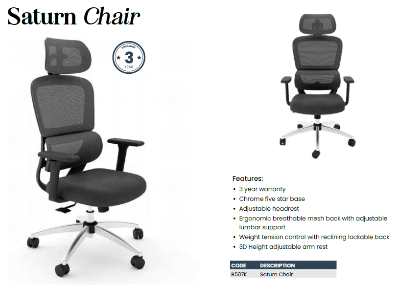 Saturn Ergonomic Mesh Office Chair with 3D Armrests, Adjustable Lumbar & Headrest