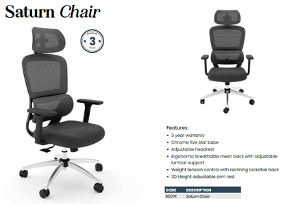Saturn Ergonomic Mesh Office Chair with 3D Armrests, Adjustable Lumbar & Headrest