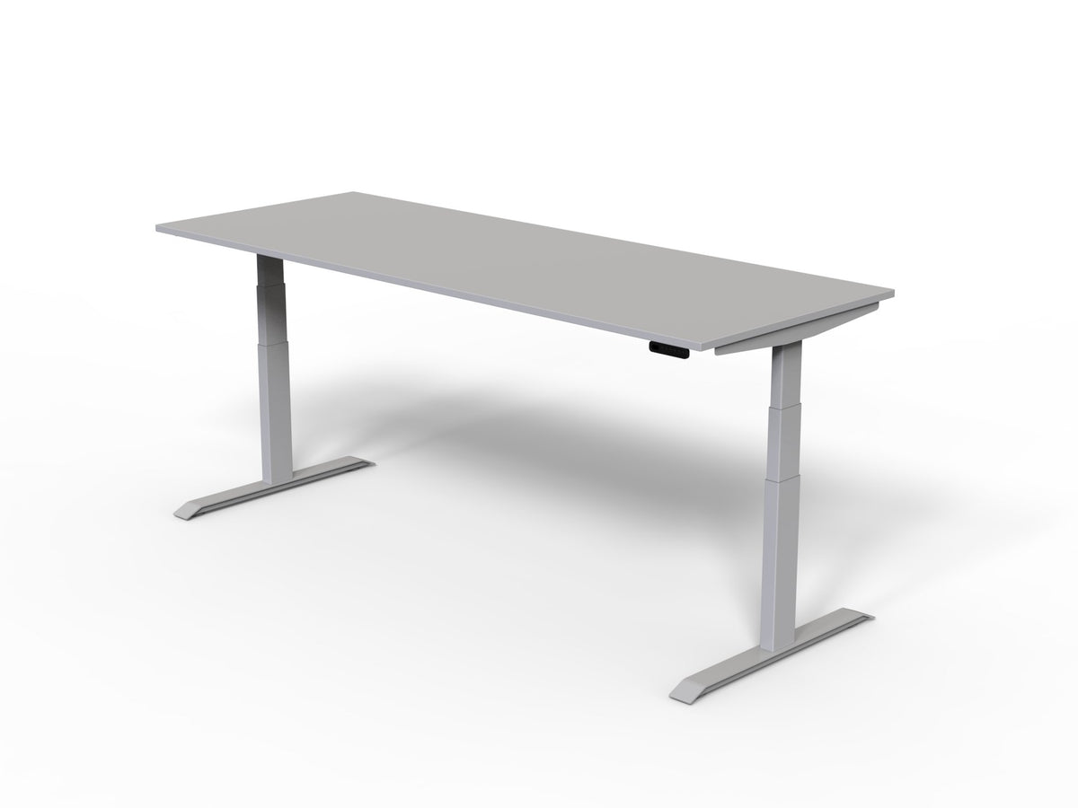 venta t sit stand desk with light grey desktop and aluminium frame