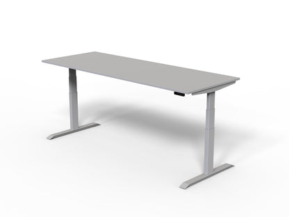 venta t sit stand desk with light grey desktop and aluminium frame
