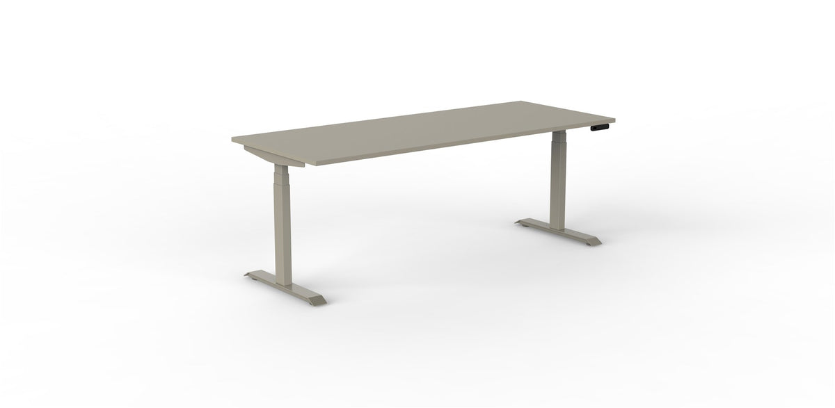 venta t sit stand desk with pebble grey desktop and pebble grey frame