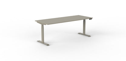 venta t sit stand desk with pebble grey desktop and pebble grey frame
